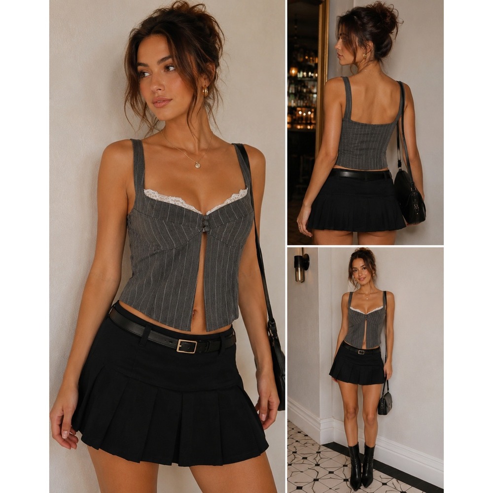 Urban Outfitters Pinstripe Flyaway Corset Lace Cami‎ Sz S Going Out Top Coquette